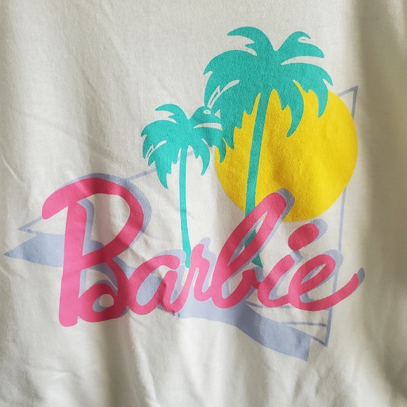 NEW * BARBIE T-Shirt White Large Logo Tropical Graphic Palm Trees Beach Summer L - Picture 2 of 4
